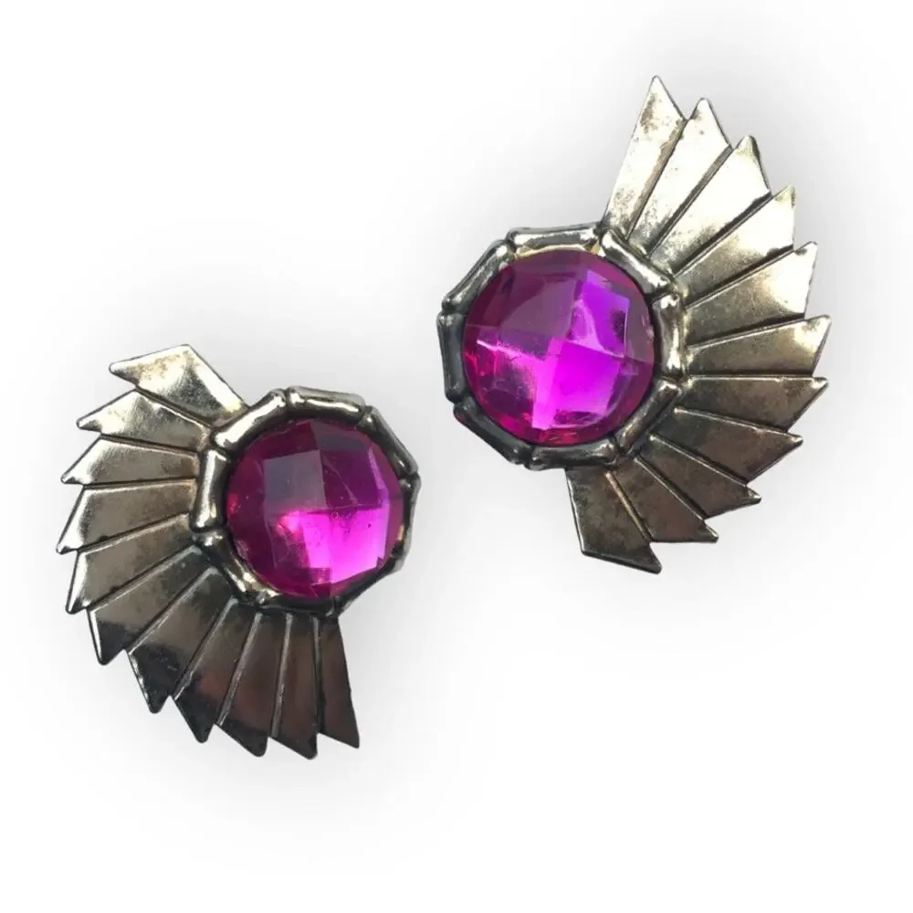 80s style purple accent chrome wing post earrings